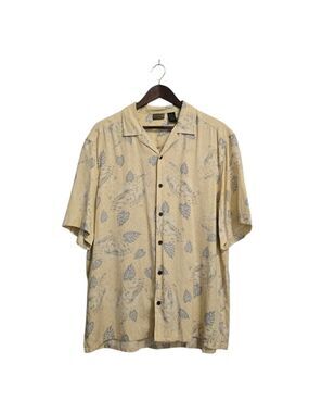 Axist Yellow Silk Tropical Leaf Print Short Sleeve Casual Button Down Sz L